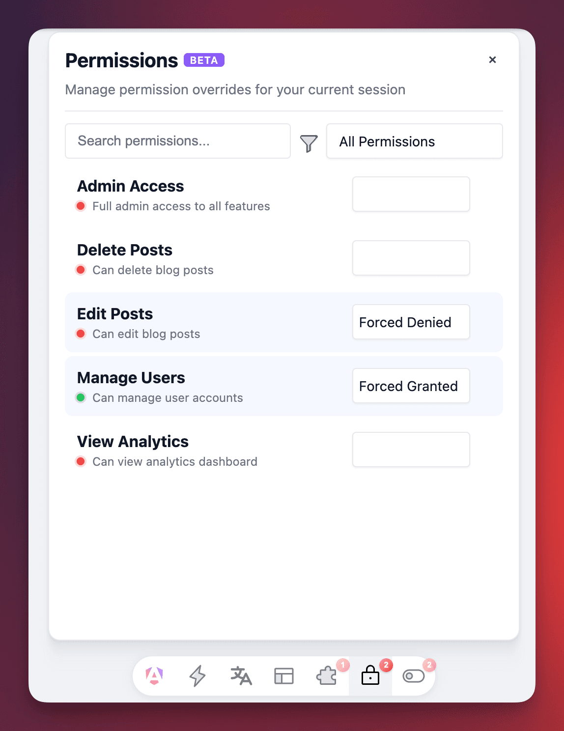 Screenshot of the App Features panel showing features like PDF Export, API Access, and White Label with enable and disable toggle options