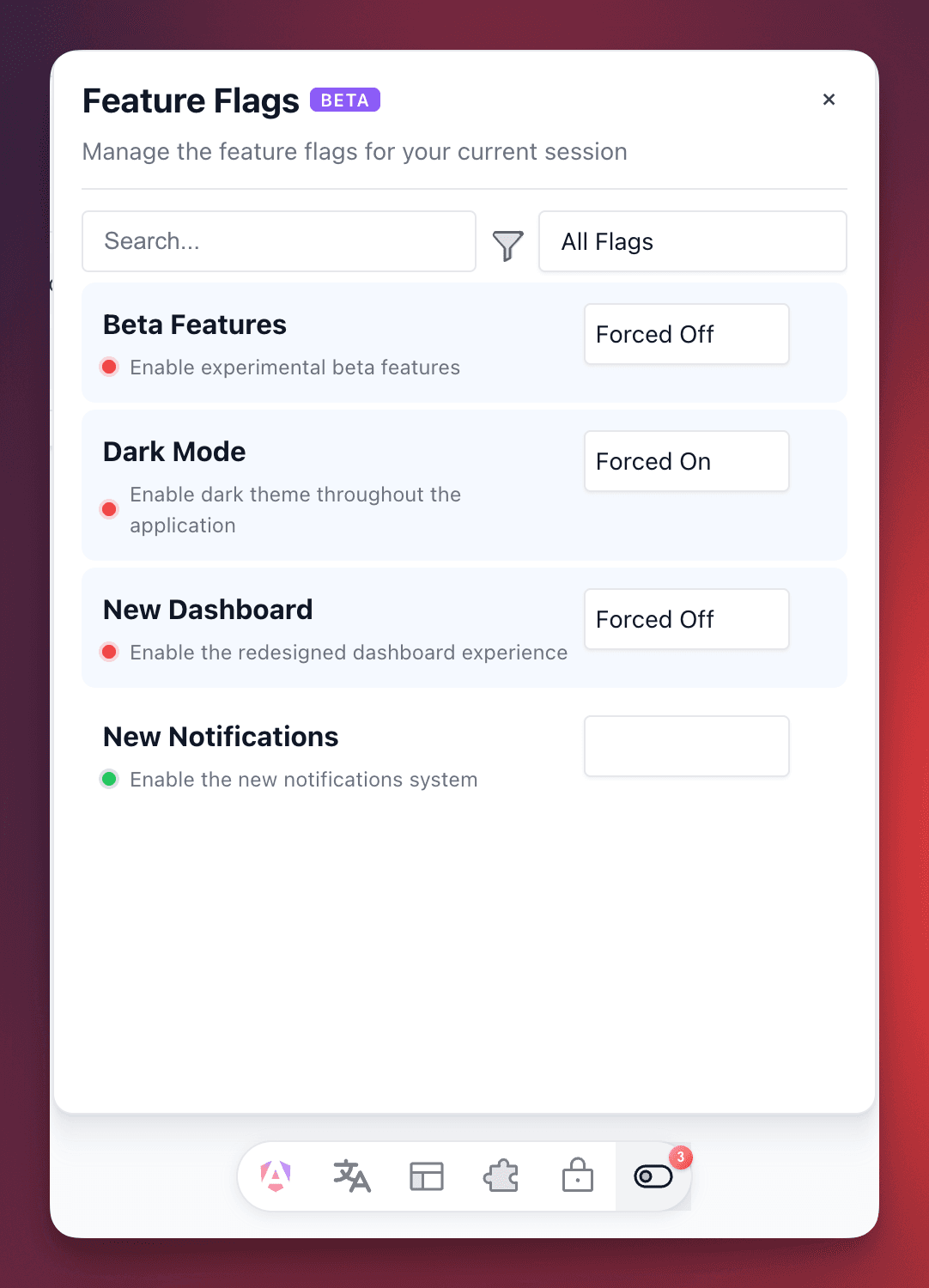 Feature Flags panel showing the four flags with toggle switches