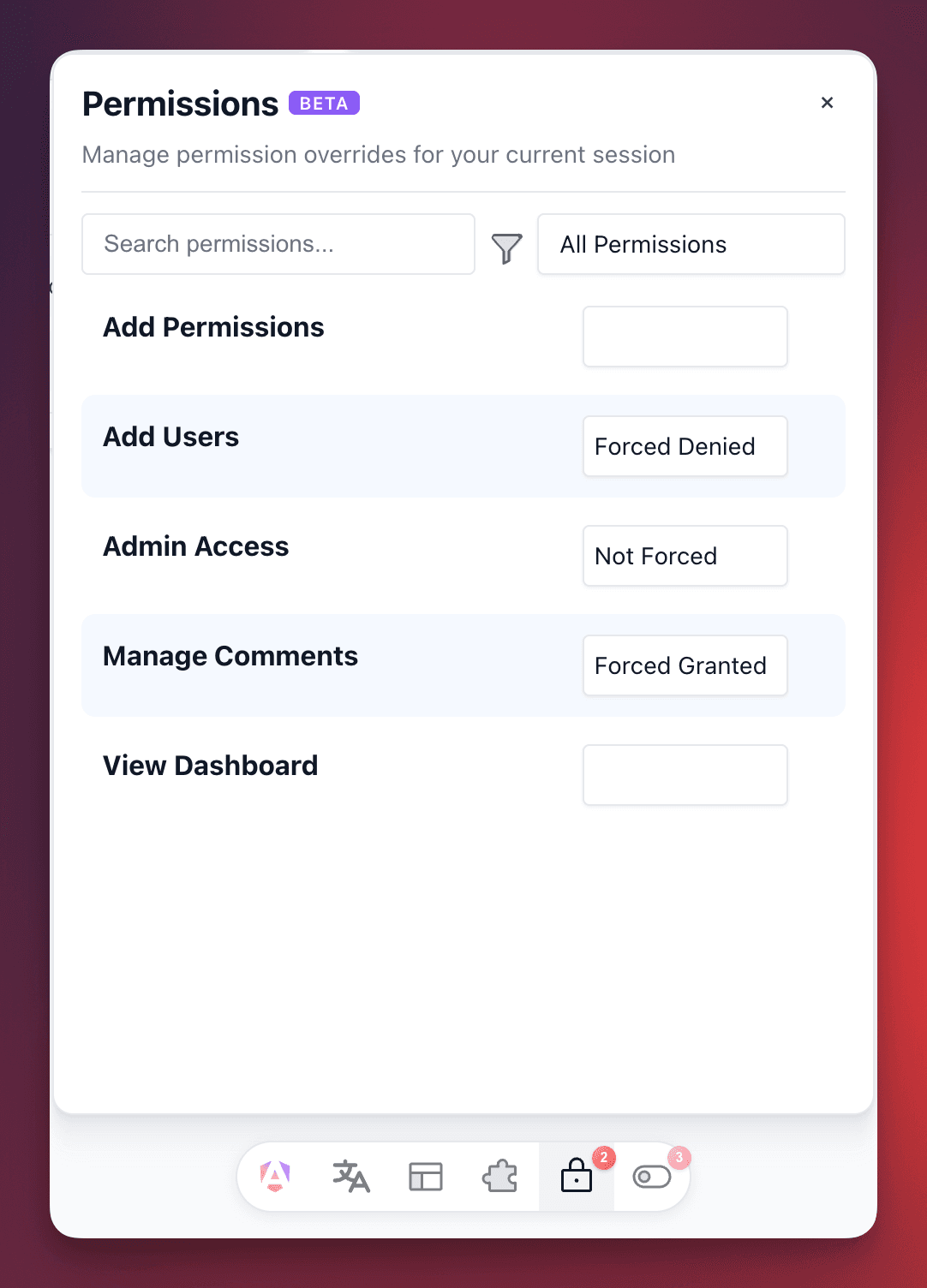 Permissions panel showing permissions with grant/deny/original options
