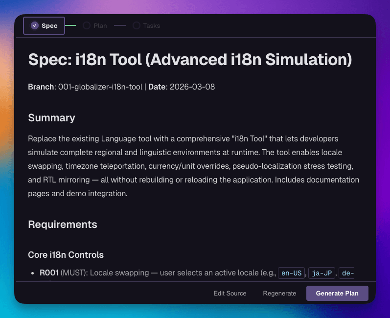 Workflow Editor showing the Specify phase with spec content