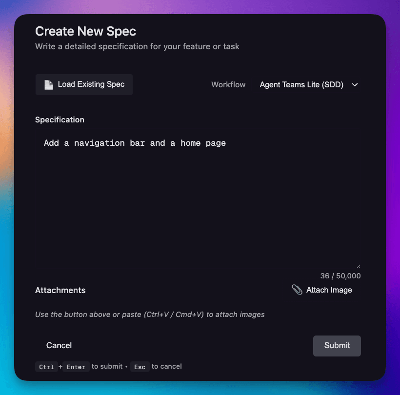 Create New Spec dialog showing workflow selector with Agent Teams Lite option