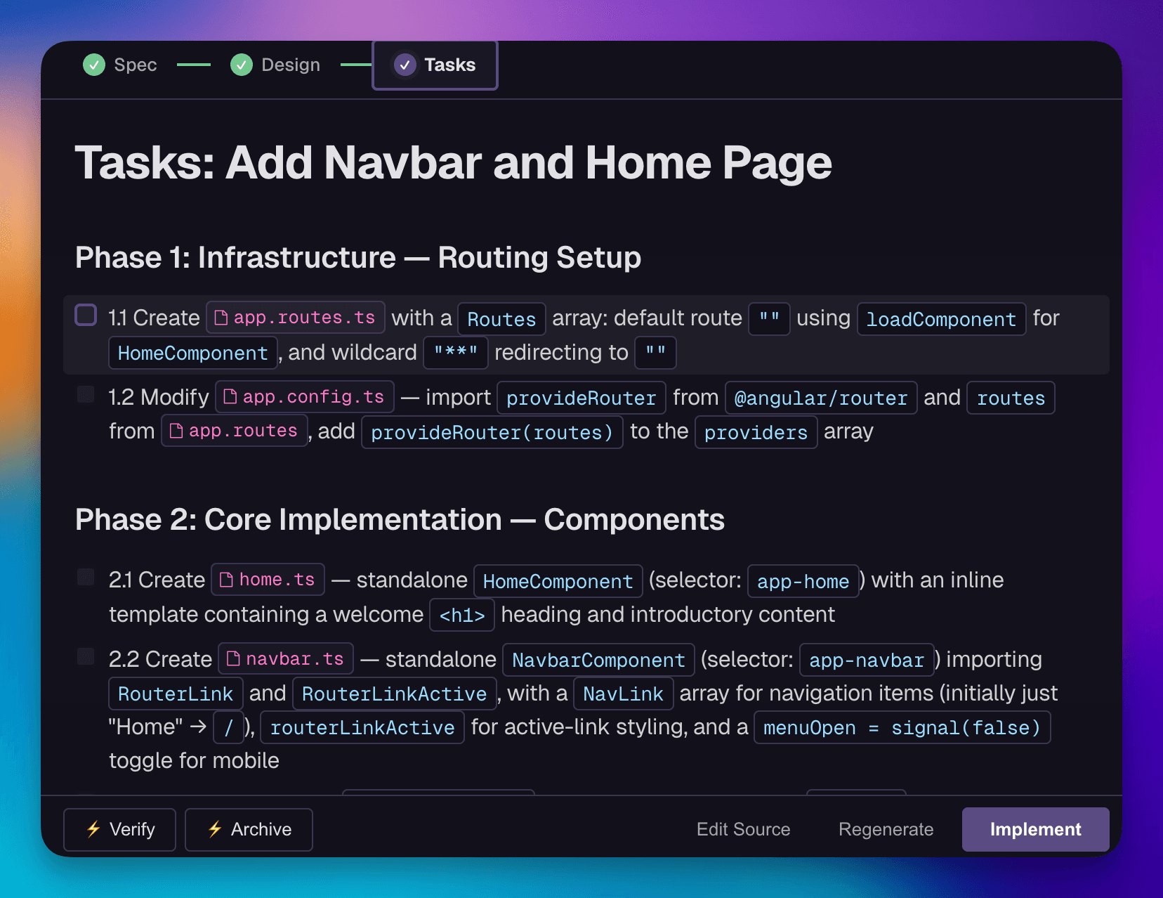 Workflow Editor showing the Tasks phase with verify and archive buttons