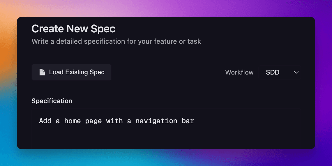 SpecKit Companion workflow selector showing the SDD option with a feature description