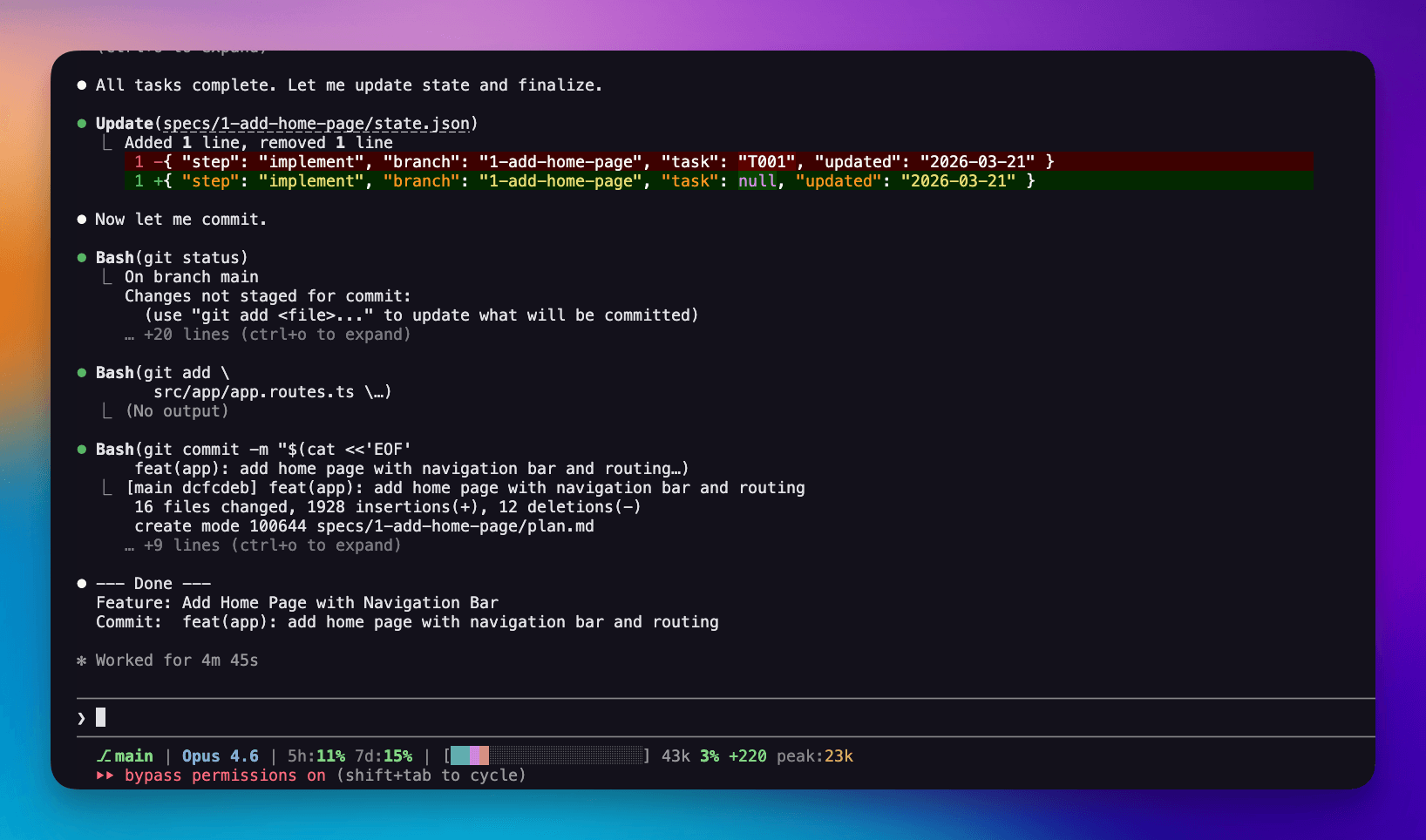 Terminal showing sdd.implement completing all tasks and committing the result