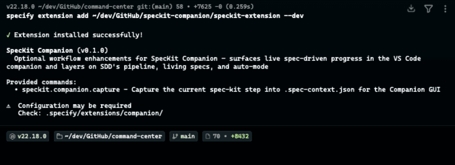 Terminal output showing the SpecKit Companion extension installed successfully via specify extension add