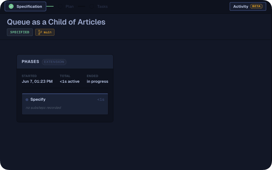 SpecKit Companion sidebar showing the spec at specify / specified after the hook fired