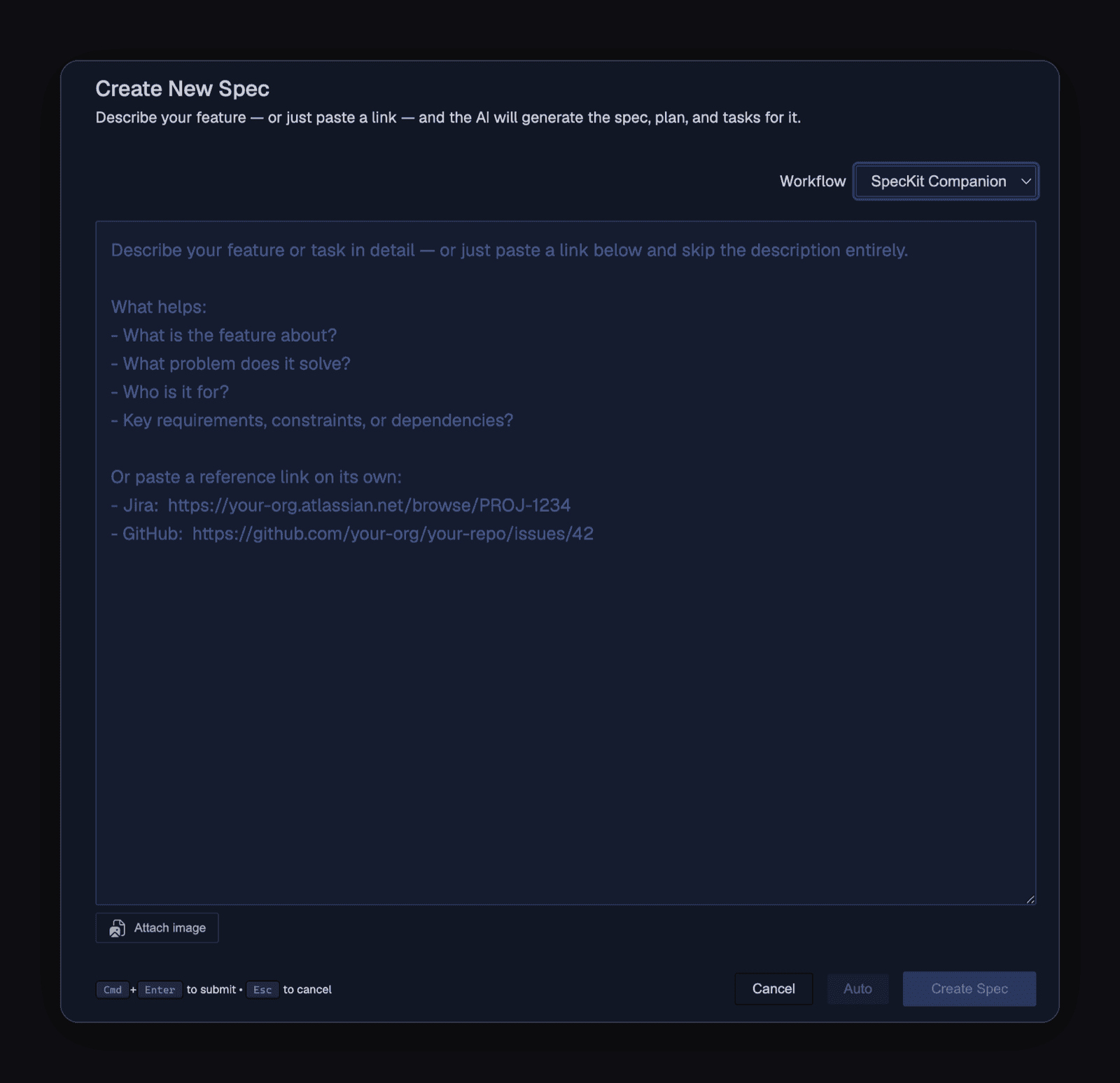 The New Spec dialog with the workflow picker and the Auto Mode button