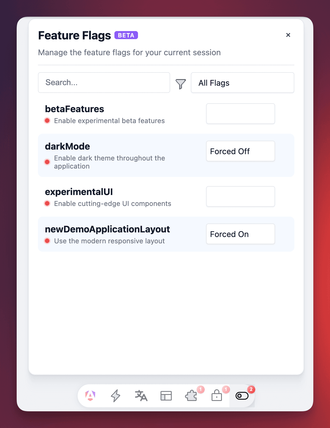 Screenshot of the Feature Flags panel showing several feature flags with toggle switches, displaying forced values and original values