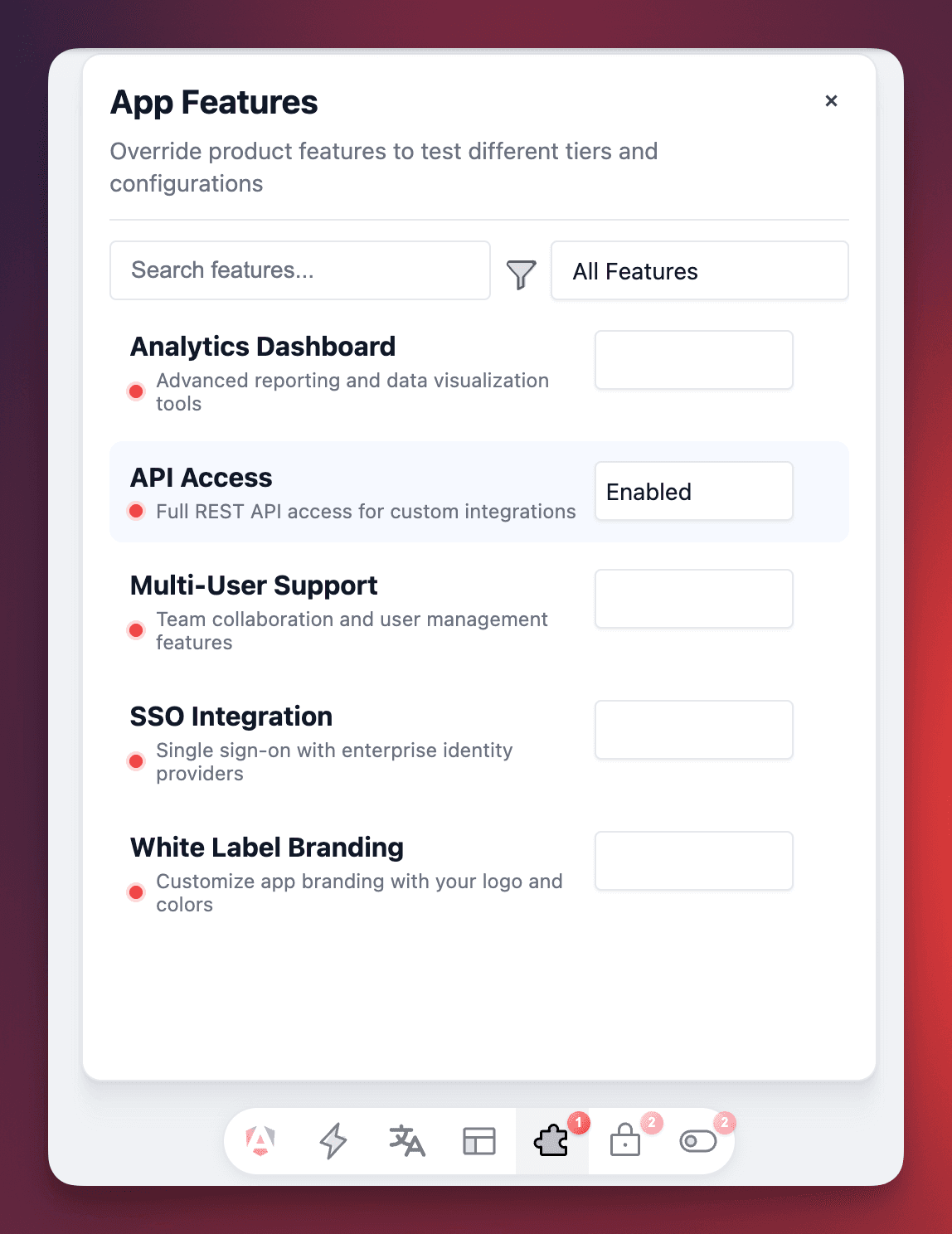 Screenshot of the App Features panel showing features like PDF Export, API Access, and White Label with enable and disable toggle options