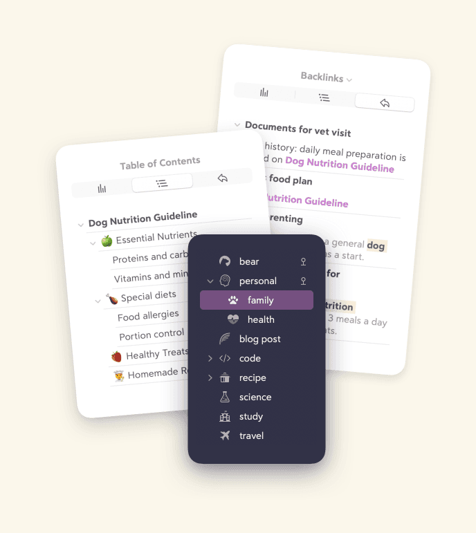 Bear's own picture of its app: a dark list of tags and folders in a sidebar, next to light notes with a table of contents and backlinks.