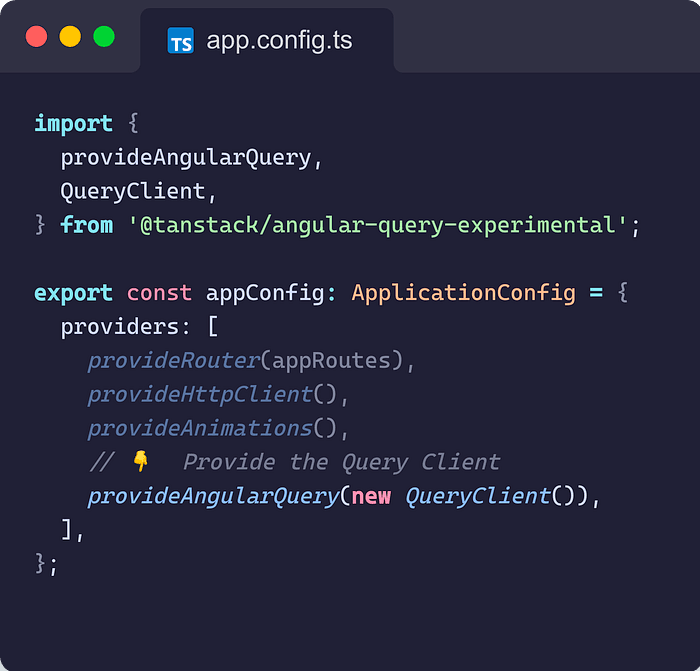 Code snippet showing how to add the Query Client to the application