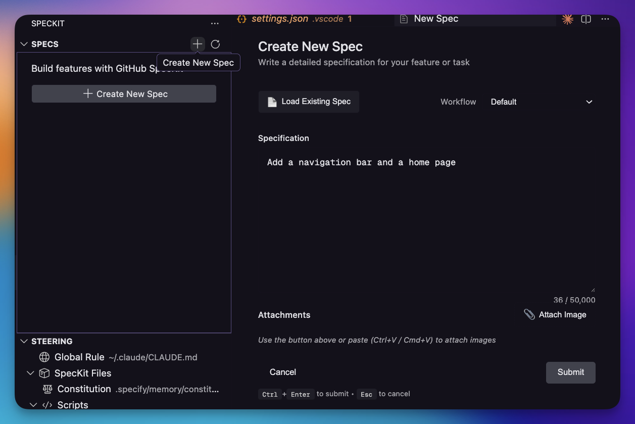 The SpecKit panel in VS Code: a SPECS tree and a STEERING tree on the left, and a Create New Spec form on the right with a workflow selector and a specification field.