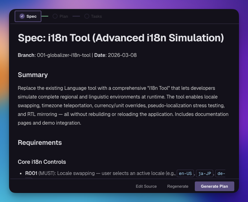 A rendered spec for an i18n tool, with a Spec, Plan, Tasks stepper across the top, the Spec step marked complete, and a Generate Plan button.