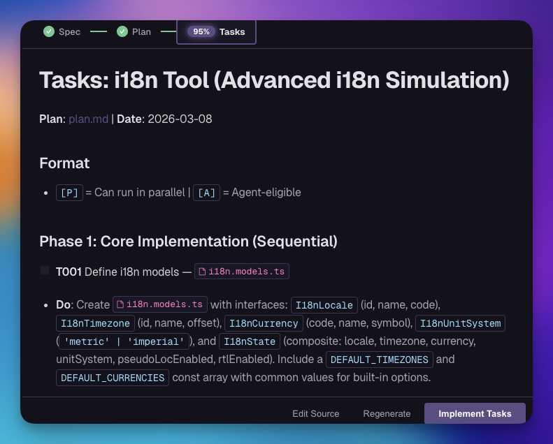 The Tasks step at 95 percent, with Spec and Plan marked complete, showing numbered tasks tagged as parallel or agent-eligible and an Implement Tasks button.