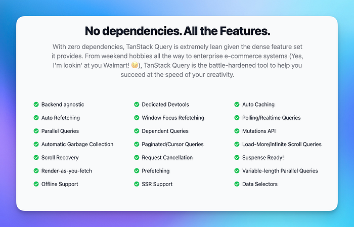 List of all the features by TanStack as described in the official website